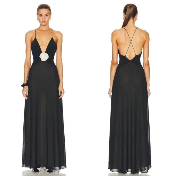 Helsa Sheer Deep V Rosette Long Slip Maxi Dress in Black Size Large - Picture 1 of 11